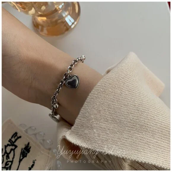 #NEW 925 Sterling Silver Vintage Heart Bead Bracelet - Picture 4 of 11